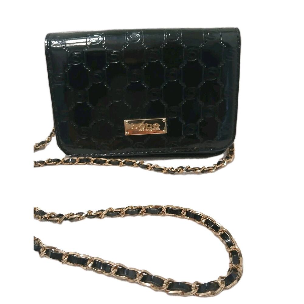 Bebe Crossbody Purse Evening Black Fx Patent Leather Alana Embossed Weaved Chain